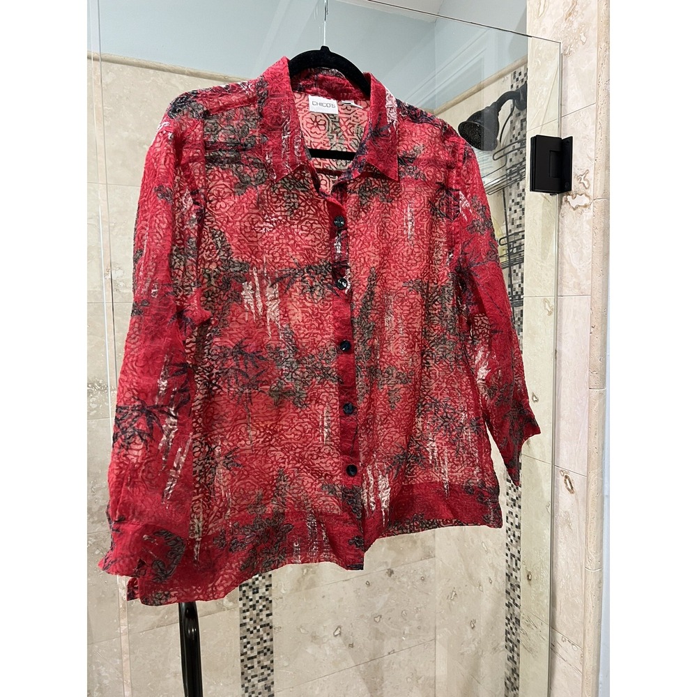 Chico's Linen Blend Lightweight Floral Jacket 3 Black White Red Button up Sheer